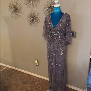 Adrianna Papell Gray Beaded V-Neck Maxi Gown